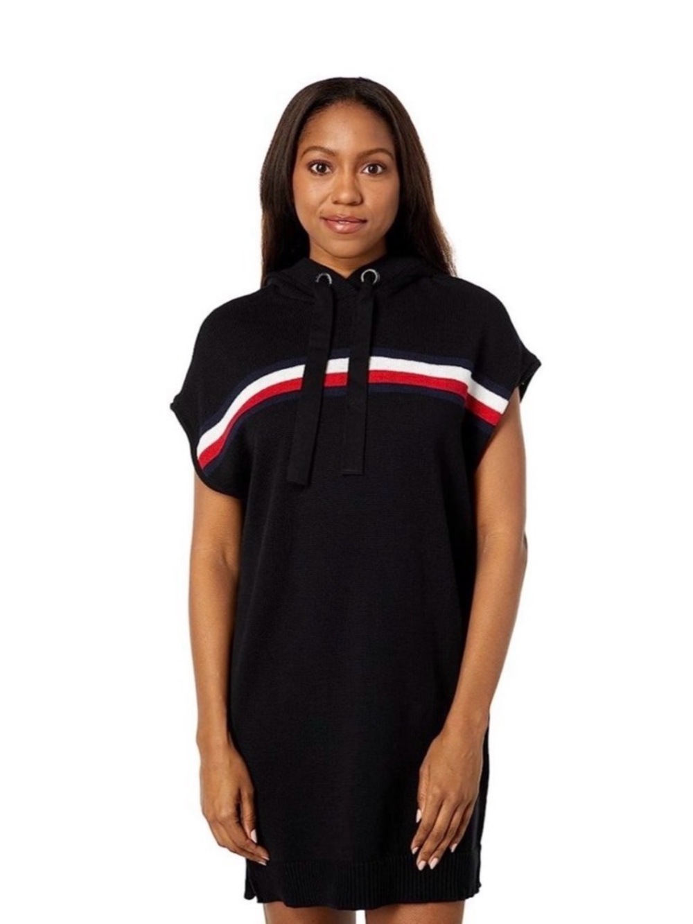 Tommy Hilfiger Sz Sm Black Hooded Knit Mini Sweater Dress Red White Blue Stripes
